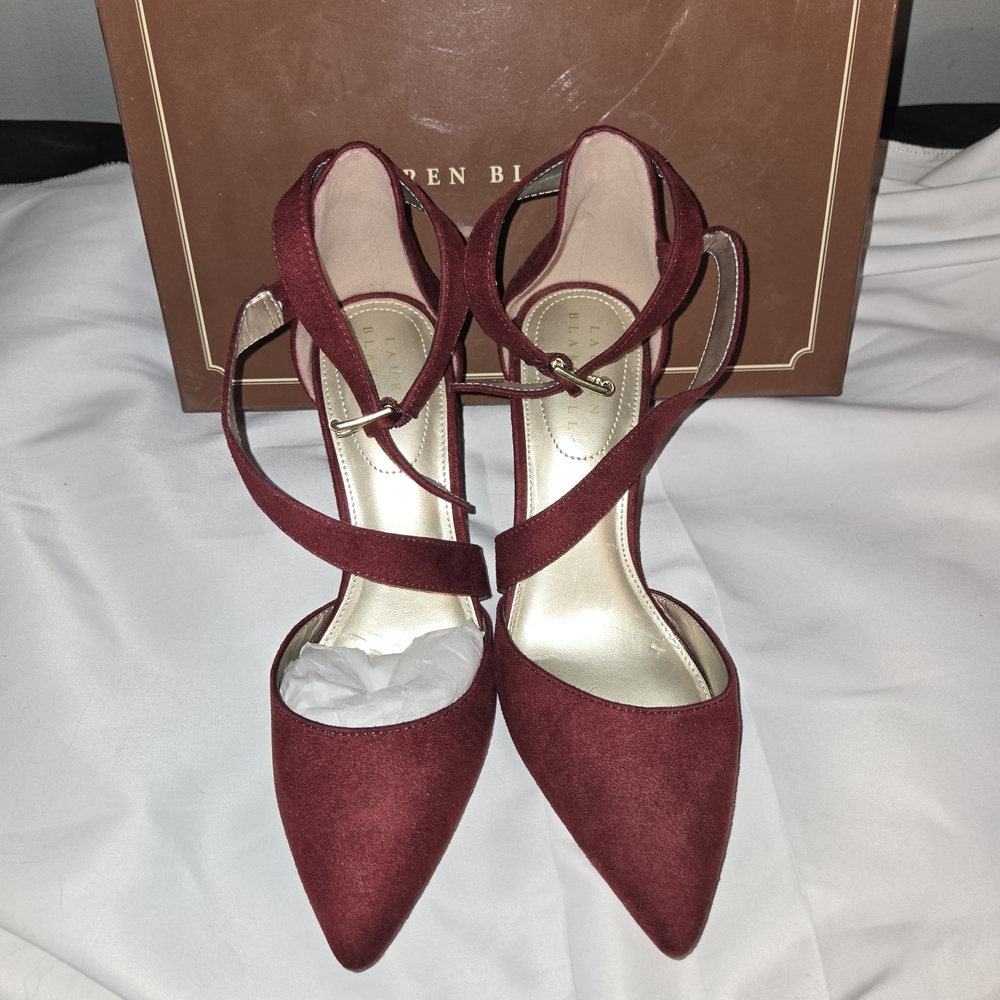 Lauren Blakwell Burgundy Suede Pointed Toe Ankle Strap Heels Pumps Size 8 - Picture 2 of 6